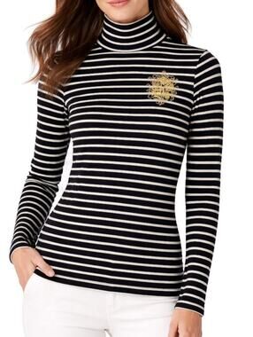 Express Striped Turtleneck Top S Black White Metallic Gold Crest Y2K Preppy